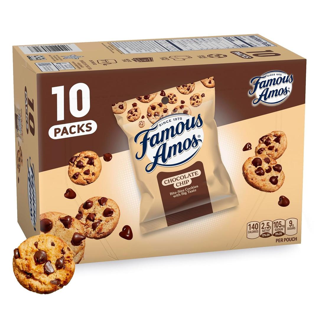 Famous Amos Classic Chocolate Chip Cookies, Bite-size cookies, Sweet Treats, 10 Pack Box, 1oz Bag (EXP 08/27/26)