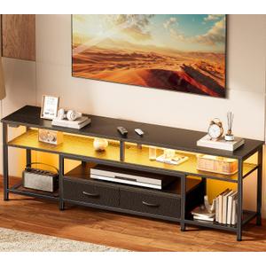 Huuger 63 Inch LED TV Stand for 65 70 Inch TV, Entertainment Center with Open Shelves and Power Outlets, TV Console for Living Room, Media Console with Drawers, Black