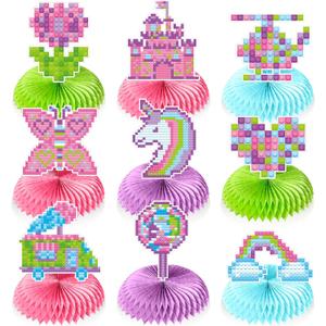 Colarr 9 Pcs Birthday Party Decoration Sets-honeycomb Table Centerpieces Pastel Themed Pink Girls Brick Building Block Cupcake Topper Birthday Party Supplies Princess Kids