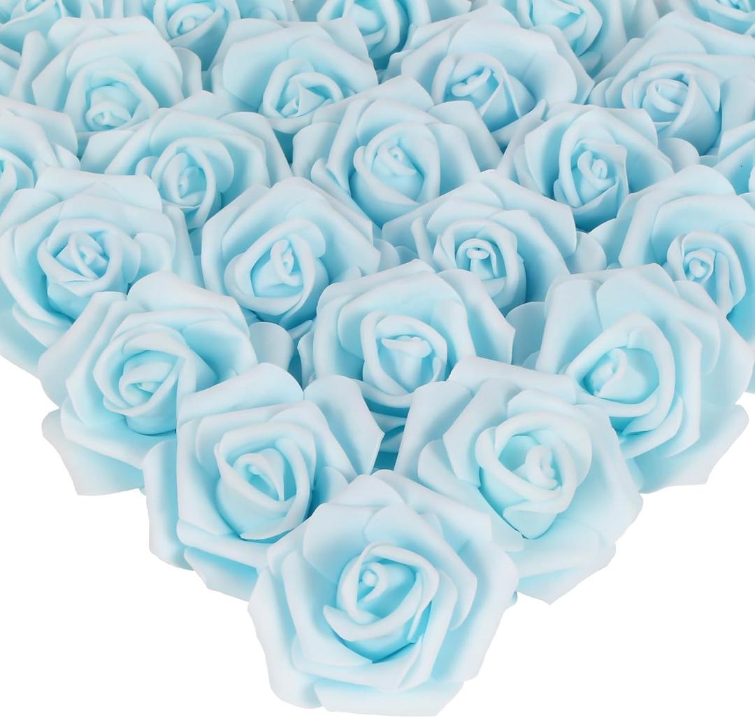 IPOPU Artificial Rose Flower Heads, 100pcs Light Blue Foam Fake Roses Bulk 3in Stemless Flowers for DIY Wedding Baby Shower Centerpieces Arrangements Party Tables Home Decorations (Light Blue)