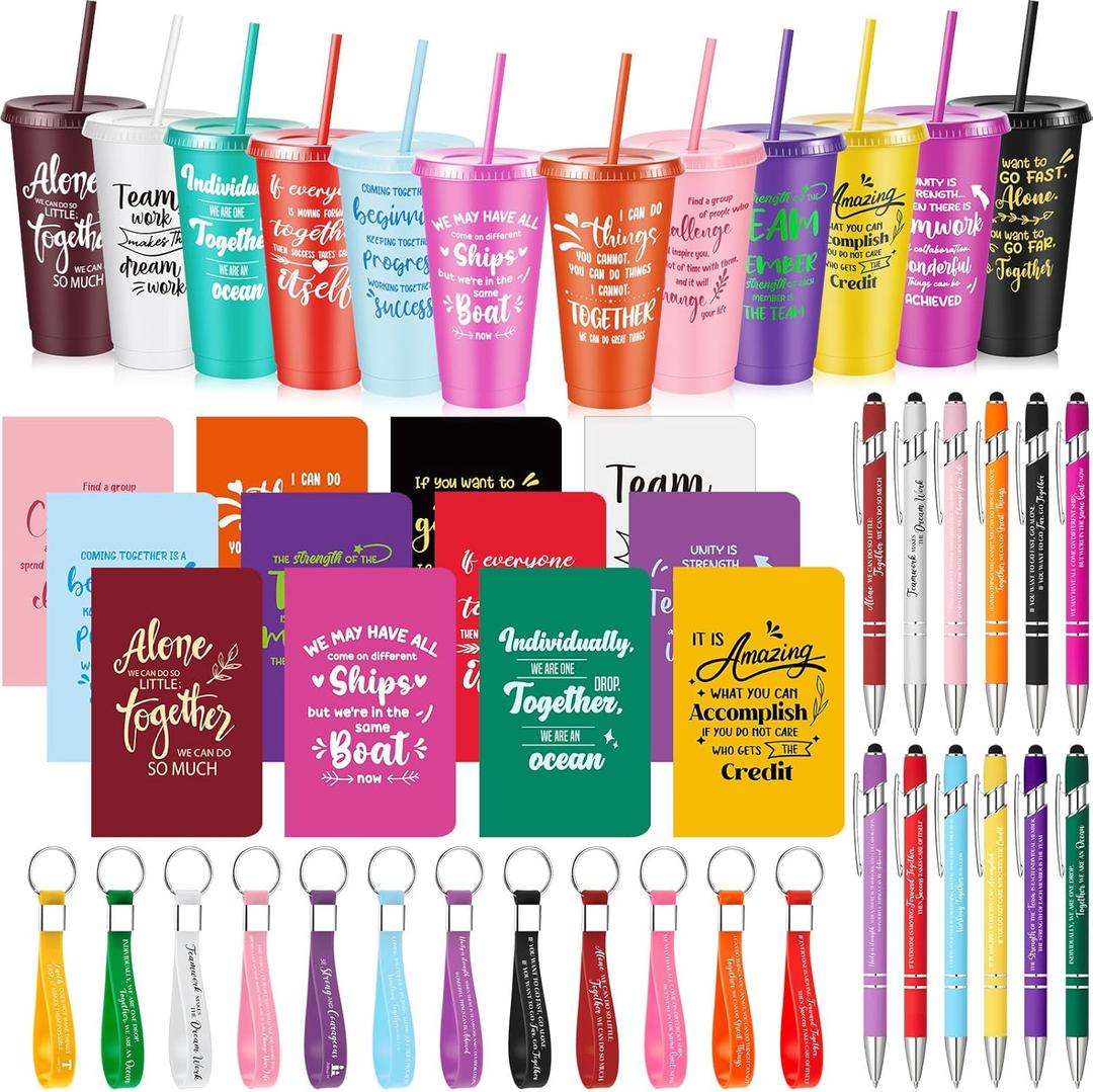 Hollowfly 12 Sets / 48 Pcs Team Appreciation Gifts for Employee, 24 oz Inspirational Plastic Cups Bulk with Lid and Straw Notebooks Ballpoint Pens Keychain Set, Bulk Gifts for Coworkers (Colorful)