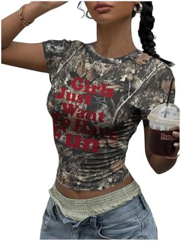 COZYEASE Women's Camo Y2K Graphic Short Sleeve Crop Fitted T-Shirts Letter Print Tee Going Out Tops, XL