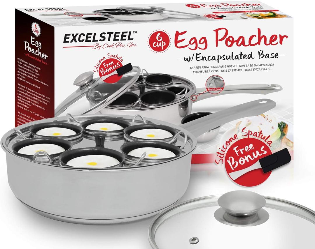 EXCELSTEEL Non Stick Easy Use Rust Resistant Home Kitchen Breakfast Brunch Induction Cooktop Egg Poacher, 6 Cup, Stainless Steel, Round