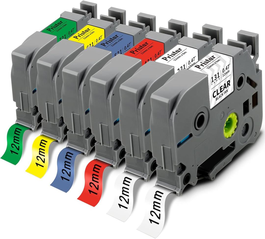 Pristar 6-Pack Compatible for Brother P Touch TZe 12mm 0.47 Laminated Label Maker Tape Replacement for 131 231 431 531 631 731 Multi Color Work with Ptouch PT-H110 PTD210 PTD220 PTD400 PTD410 PTD600