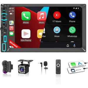 Double Din Car Stereo with 7" HD Touchscreen, Wireless Apple Carplay & Android Auto, Backup Camera, Bluetooth, SWC, Mirror Link, Type-C, FM/AM Car Radio Receiver