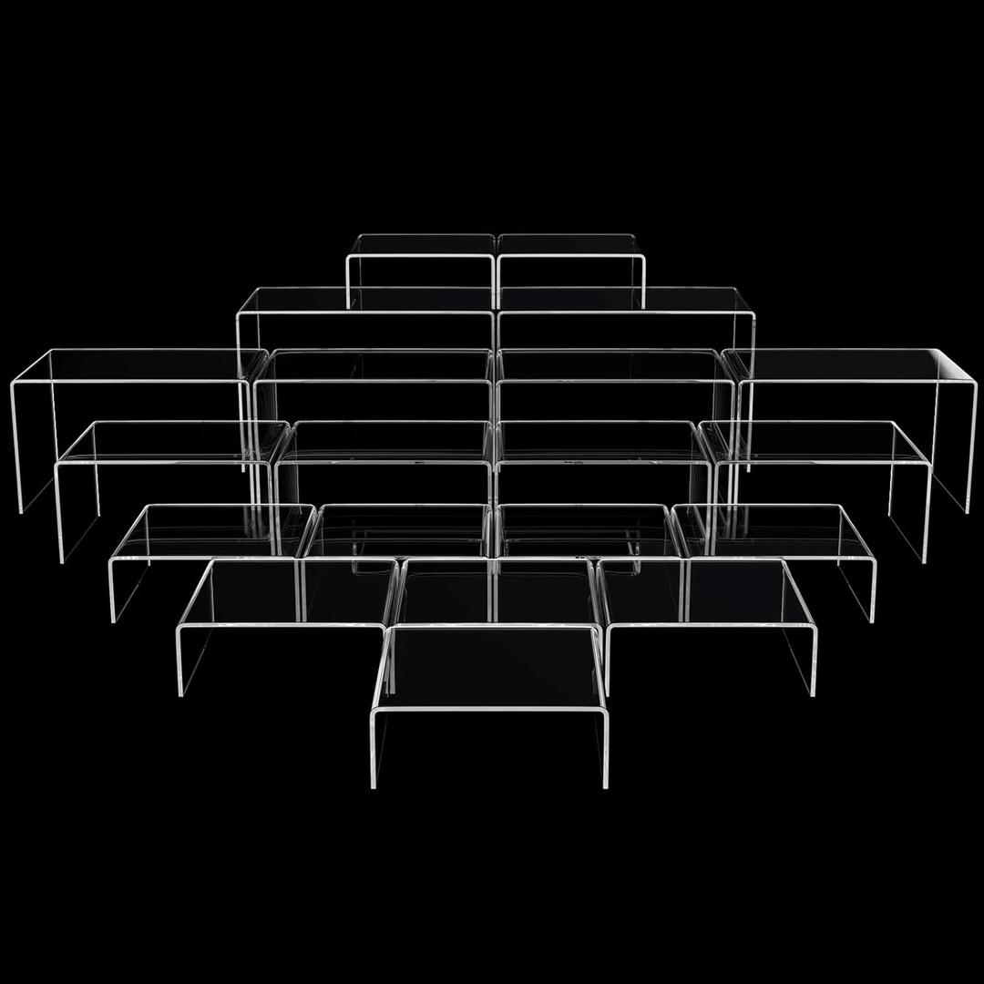 Chuangdi 20 Pcs Acrylic Display Risers, Clear Product Stand, Jewelry Display Riser Shelf Showcase Fixtures for Figure Dessert Cupcake Candy Action Showcase(Super Large Set)