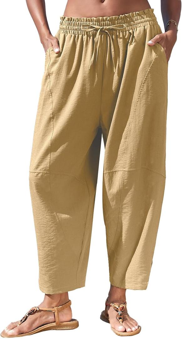 Women's Copped Pants Wide Leg Harem Palazzo Trousers Loose Drastring Casual Barrel Pant with Pockets (X-Large, Khaki)