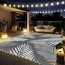 GENIMO Outdoor Rug 6' x 9' Waterproof for Patios Clearance, Reversible Outdoor Plastic Straw Camping Rug Carpet with LED String Light, Area Rugs Mats for RV, Camper, Deck, Balcony, Porch, Grey&White