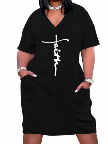 YeGine Women's Plus Size Casual Midi Dresses Short Sleeve T Shirt Dress with Pockets Black 3XL