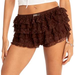 Women Mini Lace Shorts Y2K Sexy Ruffle Layered Elastic Waist Solid Color Bloomer Shorts Streetwear L