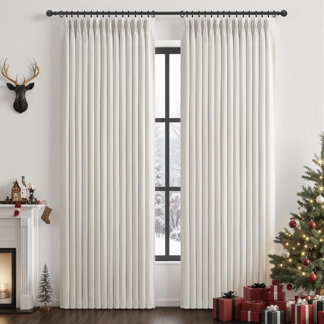 Pinch Pleated Black Out Curtains 84 Inch Long for Living Room, Beige White Thick Linen Memory Trained Boho Bedroom Darkening Curtain 84 Inch Length 2 Panel Set Double Layer Thermal Viral Window Drapes
