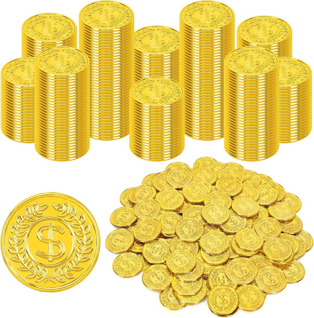 200 PCS Gold Coins, 1.4 in Plastic Coins, 0.08 in Thick Fake Coins Pirate Coins Leprechaun Gold Coins Tokens, Pirate Decorations Teacher Classroom Reward Adventure Theme Party Supplies