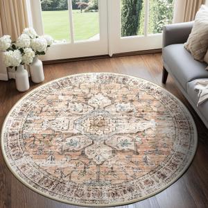 BESTSWEETIE 4ft Area Rug Washable Rugs for Living Room, No Pile Boho Carpet for Entryway Bedroom Dinning Room, Vintage Carpet Print Distressed Non-Slip, 48" Round, Orange Pink Brown Earth Tones