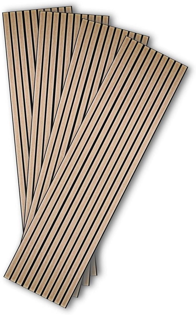 Kieacia Peel and Stick Oak Wood Wall Panels (4 Pack) - High-Density Wood Veneer, Sound Absorbing, Modern Walnut Finish, 47.2 x 11.8 x 0.2 Inches