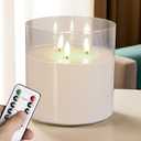 NICEME Extra Large 3 Wick Battery Operated Candle, 6"x6" Big Clear Glass Flameless Candles with Remote, Real Wax Flickering Led Pillar Fake Giant Candle for Wedding Party Holiday Home Decor, White