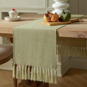 ZeeMart Sage Green Table Runners 72 Inches Long, Burlap Linen Style Rustic Farmhouse Table Runner, Boho Woven Dining Table Runner, 13x72 Inches, Light Sage Green