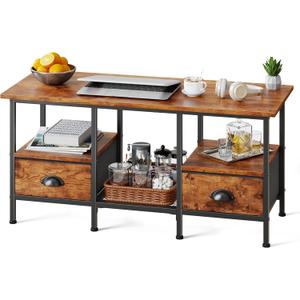 Furologee 35" Coffee Table with 2 Storage Drawers, Small Coffee Tables for Living Room, Industrial Center Table with 2 Tier Storage Shelf, Rustic Brown (34.7"L x 14.2"W x 16.8"H)