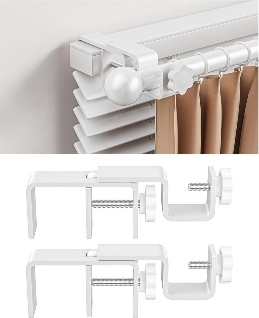 Over-Blinds Curtain Rod Brackets for Outside-Mounted Blinds, Blinds Curtain Rod Brackets for 1.32 Rectangular Headrails, Tool-Free No-Drill Installation for Apartments, Rentals Set of 2 (White)