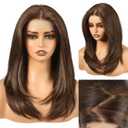 HAIRCUBE 13X4 HD Synthetic Lace Front Glueless Wig, 20 Inch Brown Layered Wig with Bangs, Natural Density Hairline Human-Like Wigs for Women