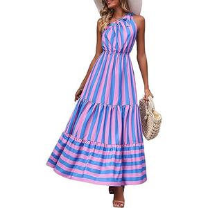 PRETTYGARDEN Women's Summer Floral One Shoulder Maxi Dress Knot Ruffle Boho Beach Vacation Wedding Guest Long Dresses, Blue Pink Stripe, S