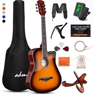 ADM 38" Inch Acoustic Guitar Bundle for Beginners Adults with Online Lesson, Cutaway Wood Acustica Guitarra Starter Set Package with Gig Bag, Strap, Steel Strings, Picks, Capos, Stand, Sunburst