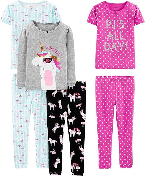 Simple Joys by Carter's girls 4-piece Snug Fit Cotton Pajama Set, 4T, Black Unicorn/Blue Tortoise/Grey Heather/Pink Polka Dot