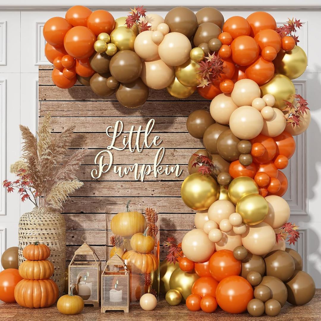 Fall Thanksgiving Balloon Garland arch kit - 140Pcs Autumn Balloon Arch with Burnt Orange Balloons Light Brown Nude Gold Balloons for Friendsgiving Fall Harvest Little Pumpkin Party Decorations