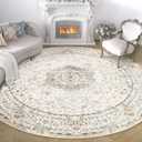 Round Rug 9ft,Large Boho Circle Area Rugs for Bedroom Living Room,Beige Washable Vintage Bohemian Distressed Oriental Floral Carpet Non Slip, 9'x9'