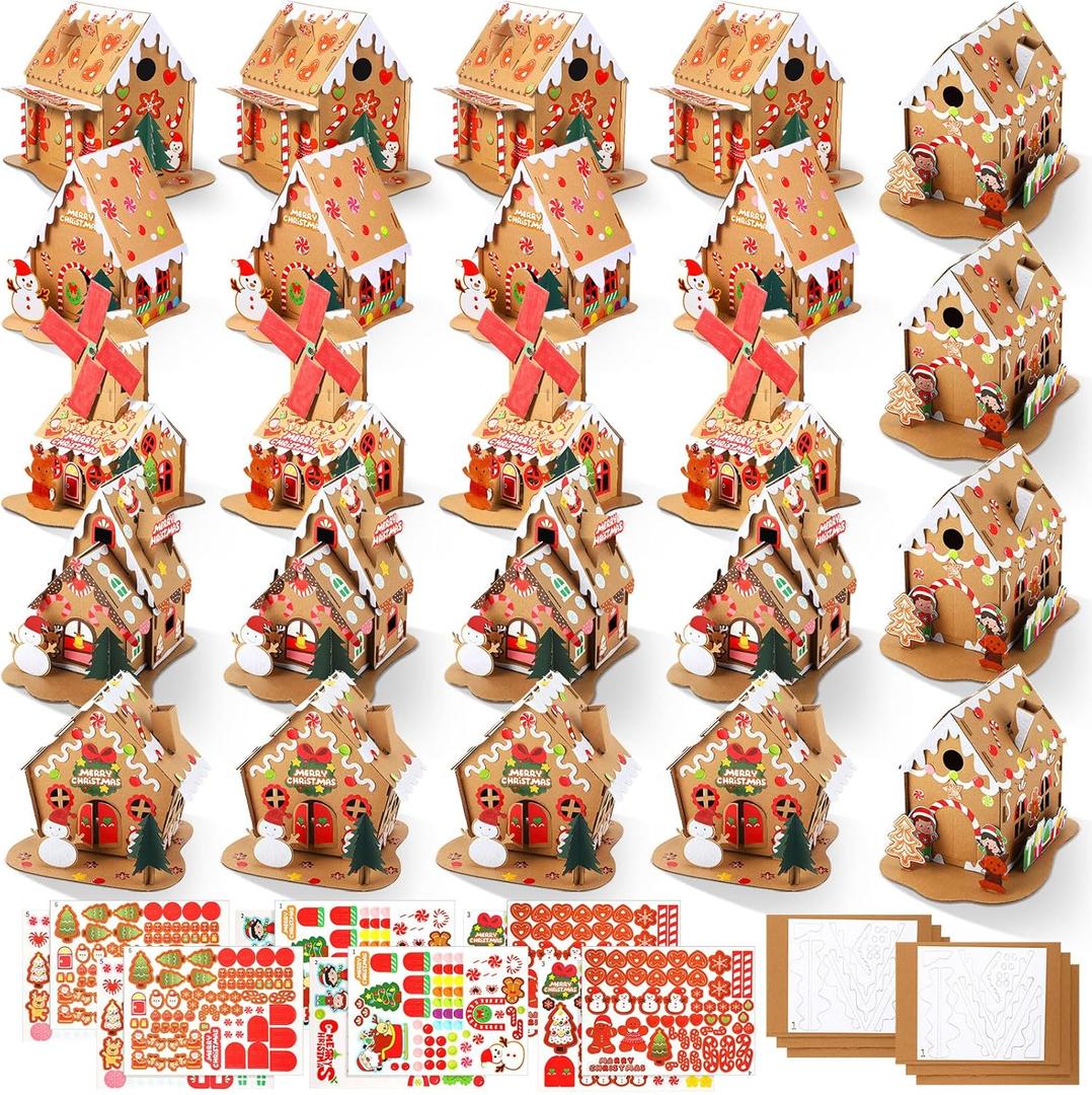 Libima 24 Set Gingerbread House Kit Bulk Christmas Crafts Gift for Kids DIY Make Your Own Gingerbread Cardboard House Craft with Candy Stickers for Xmas Holiday Hanukkah Classroom Party Supplies