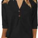 Dimur Womens Tops 3/4 Sleeve V Neck Button Down Shirts Business Casual Outfits Basic Tees Summer Top 2026 (Medium, Black)