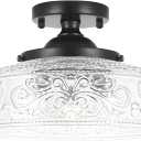Semi Flush Mount Ceiling Light Fixture, Vintage Matte Black 3-Light Fixture with Etched Crystal Glass Shade for Kitchen,Hallway, Entryway, Bedroom (No E12 Bulbs Included) (12in)