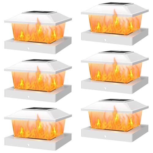 APONUO Solar Post Cap Lights with Flickering Flame & Warm White, 6-Pack for 4x4 Wood/ 5x5 Vinyl Posts, Solar Powered Deck & Fence Lights, Auto On/Off, IP65 Waterproof, Glossy White