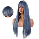 Blue Wig with Bangs Long Straight Blue Wig for Women Girls Heat Resistant Synthetic Hair for Cosplay Party Halloween Costume