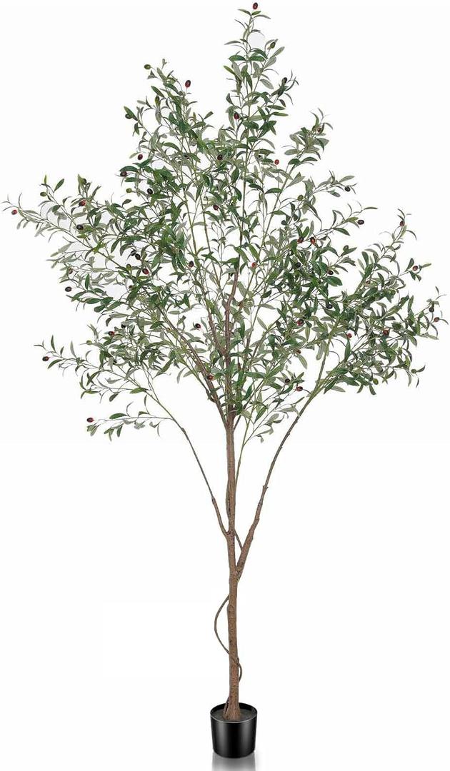 Faux Olive Tree, 8ft Tall Fake Olive Tree for Modern Home Office Decor, Artificial Olive Tree Plants Indoor with Natural Wood Trunk and Lifelike Fruits (8ft)