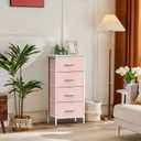 DUMOS Nightstand with 4 Drawers Bedside Table with Removable Fabric Bins Sturdy Steel Frame Wood Top Organizer Furniture for Bedroom Closet Living Room,Pink, 11.82"D x 17.71"W x 37.4"H