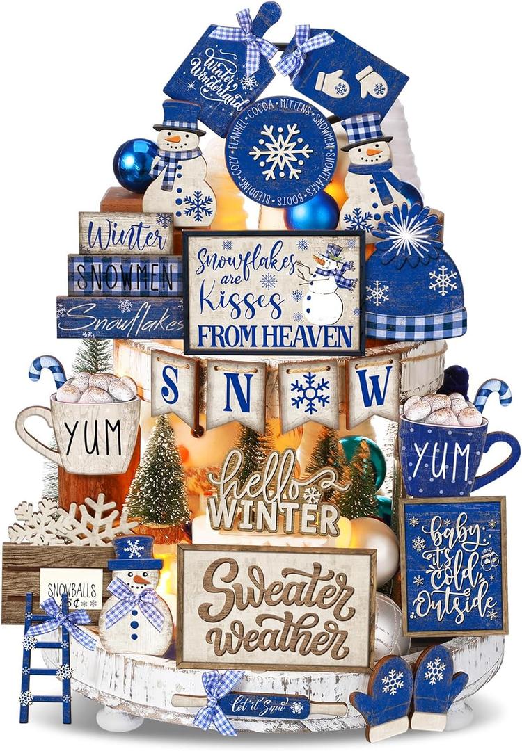 CroBlissful 23 Pcs Winter Tiered Tray Decor Snowman Farmhouse Decor Christmas Tiered Sign Winter Table Centerpieces Snowman Wood Blocks Signs for Home Shelf, Without Tray(Blue,Snow)