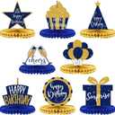 Spakon 8 Pieces Blue Gold Happy Birthday Table Decorations Happy Birthday Honeycomb Centerpieces Glitter Table Toppers Blue and Gold Party Decorations for Men and Women Party Supplies