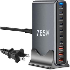 10 in 1 & 765W USB C Charger Block MultiPort USB Charging Station GaN III Fast Charging Hub, PD 140W Laptop Charger Adapter for MacBook Pro/Air, i-Pad Pro/Air, Phone 17/16/15, Galaxy S24/S23