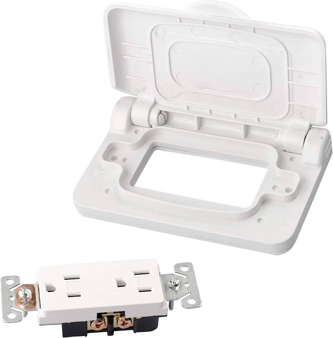 RVGUARD RV Spring-Loaded Weatherproof Receptacle Cover in White (Receptacle Included)