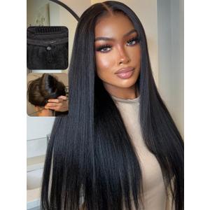 UNICE Bye Bye Knots Wig Yaki Straight 7x5 Pre Cut HD Lace Front Wigs Human Hair with Elastic Drawstring Glueless Wig Human Hair Pre Plucked Bleached Knots Natural Hairline 150% Density 22 inches