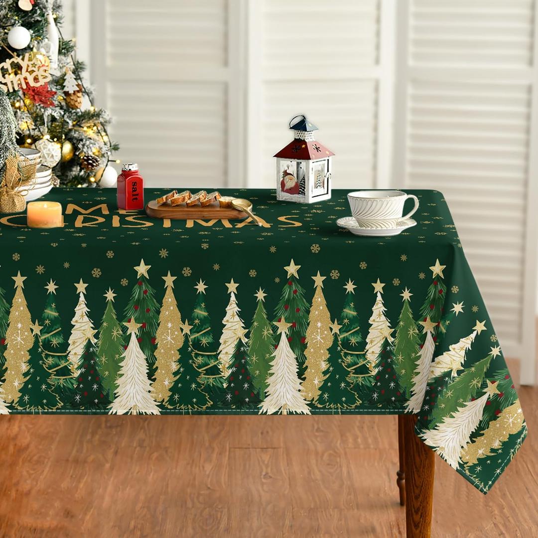 Horaldaily Christmas Tablecloth 60120 Inch Rectangular, Winter Stars Trees Green Washable Seasonal Table Cover for Party Picnic Dinner Decor