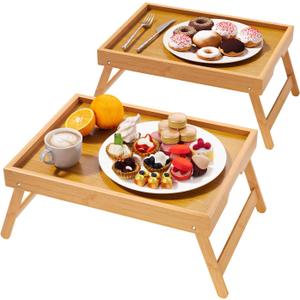 2 Pack Bamboo Bed Tray Table with Folding Legs,Breakfast Trays,Serving Tray for Food and Snack,Laptop Trays for Working(Natural) (2 PC, Natural)