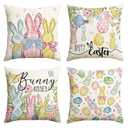 AVOIN colorlife Happy Easter Rabbit Easter Eggs Colorful Flowers Throw Pillow Covers, 18 x 18 Inch Bunny Kisses Eucalyptus Leaves Cushion Case Decoration for Sofa Couch Set of 4