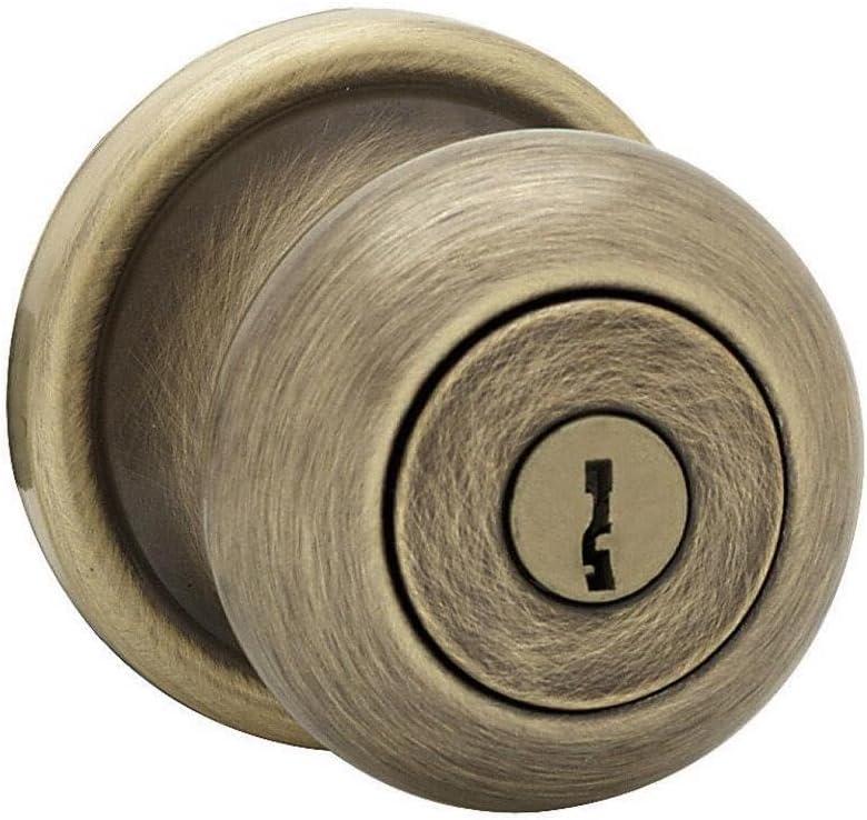 Kwikset Juno Entry Door Knob with Lock and Key, Secure Keyed Handle Exterior, Front Entrance and Bedroom, Antique Brass, Pick Resistant SmartKey Rekey Security and Microban