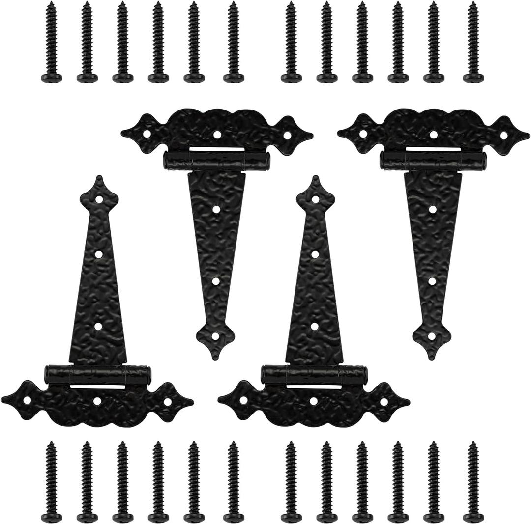 WellMade T-Strap Gate Hinges Heavy Duty,Decorative Hammered T Hinges, Outdoor Hinges for Wood gate,6 Inch Tee Hinges for for Wood Shed Door Hardware Barn Door/Wooden Fences (Black,4 Pack)