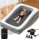 Inflatable Toddler Travel Bed - 67'' Large Size Safety Kids Air Mattress with 4 Sides - Portable Camping Bed for Outdoor Sleepovers, Easy to Inflate & Deflate with Storage Bag & Pump, Grey