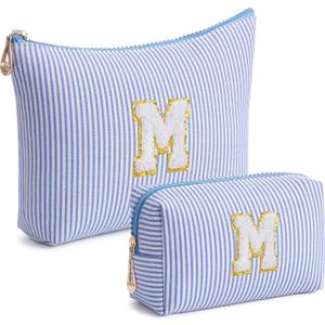 Vorey Blue Personalized Initial Makeup Bag Set, Cute Preppy Travel Toiletry Cosmetic Bags, Small Make Up Pouch, Birthday Gifts for Women, Girls, Friends, (M)