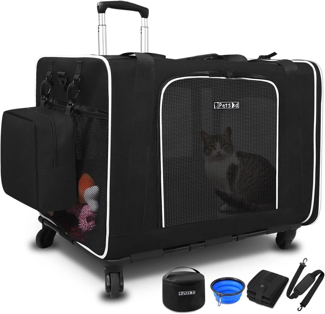 Petskd Extra Large Cat Carrier with Wheels and Litter Box 24"x17"x17" for Large Cat or 2 Small Cats, Collapsible Soft Sided Pet Carrier for Car Travel with Lockable Safety Zippers(Black) (Black(A carrier with litter box and wheel))