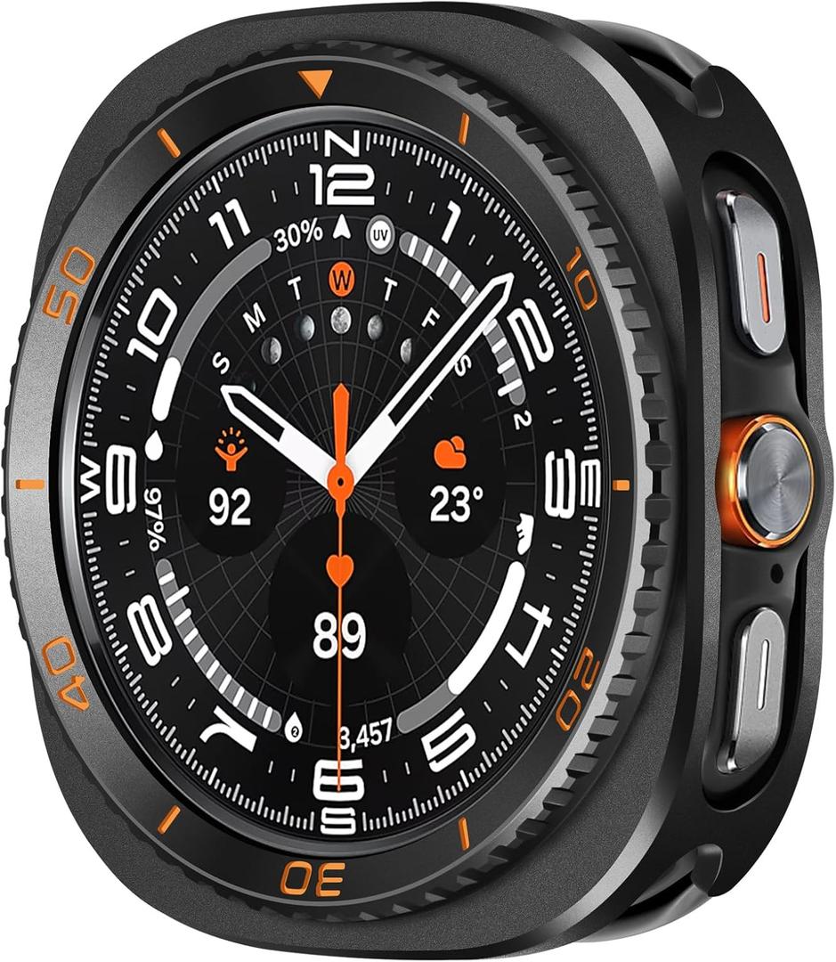 Amizee 3 in 1 Metal Case for Samsung Galaxy Watch Ultra Case (2025/2024) 47mm with Screen Protector, Rugged Bumper Scratch Resistant Protection Cover for Galaxy Watch 7/8 Ultra, Numeric-Black/Orange