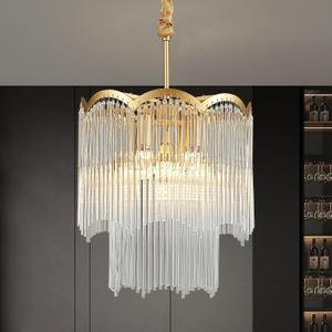 12.52" Gold Clear Glass Crystal Pendant Light 5-Light Modern Crystal Pendant Ceiling Light Fixture 2-Tier Luxury Glass Chandeliers,for Dining Room Kitchen Island Living Room Bedroom